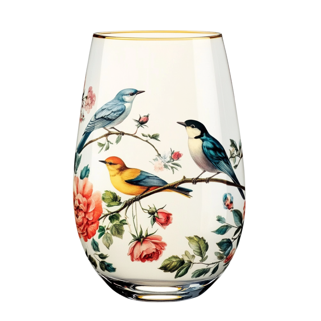 ‘Melody of Birds’ Stemless Wine Glass