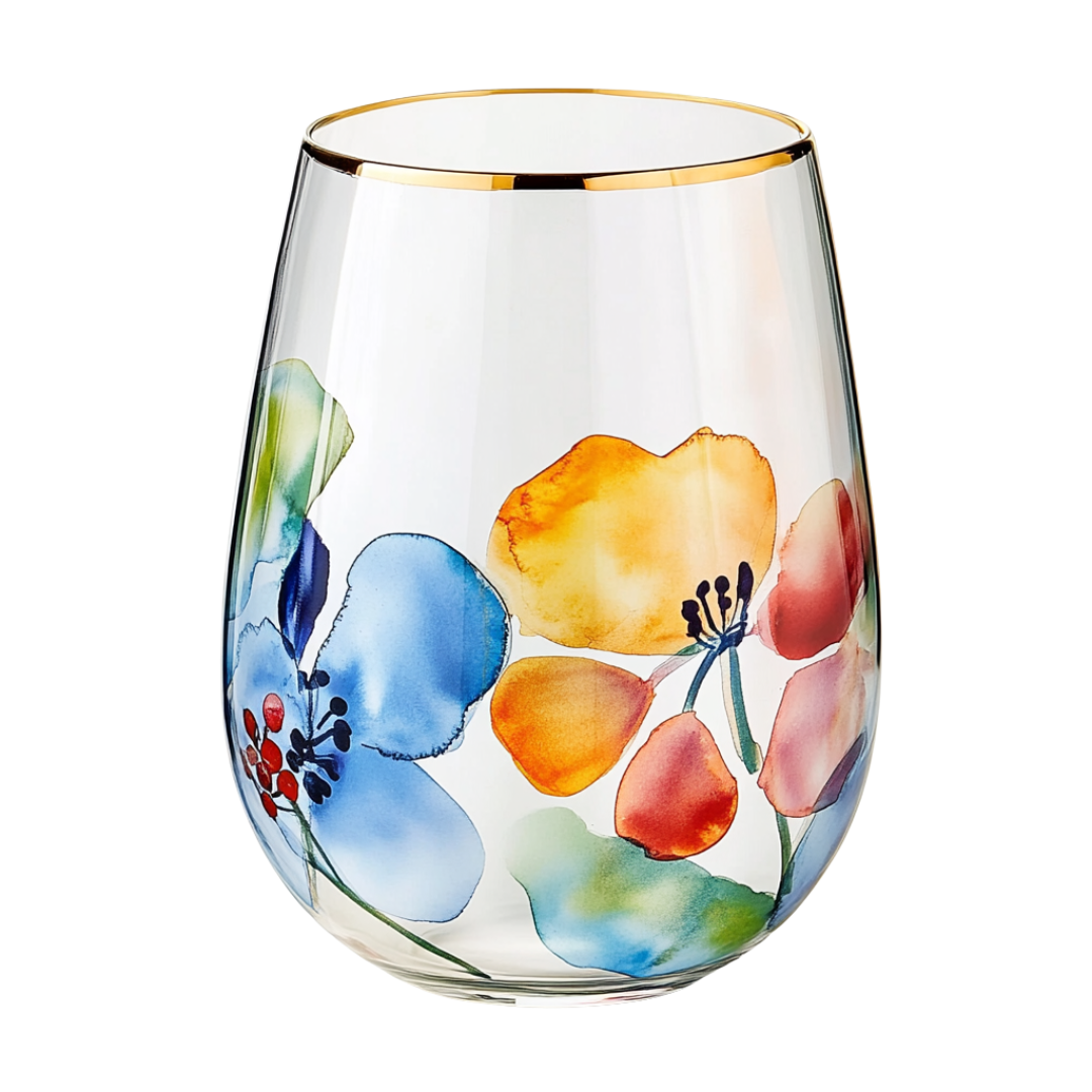 ‘Watercolor Blooms’ Stemless Wine Glass
