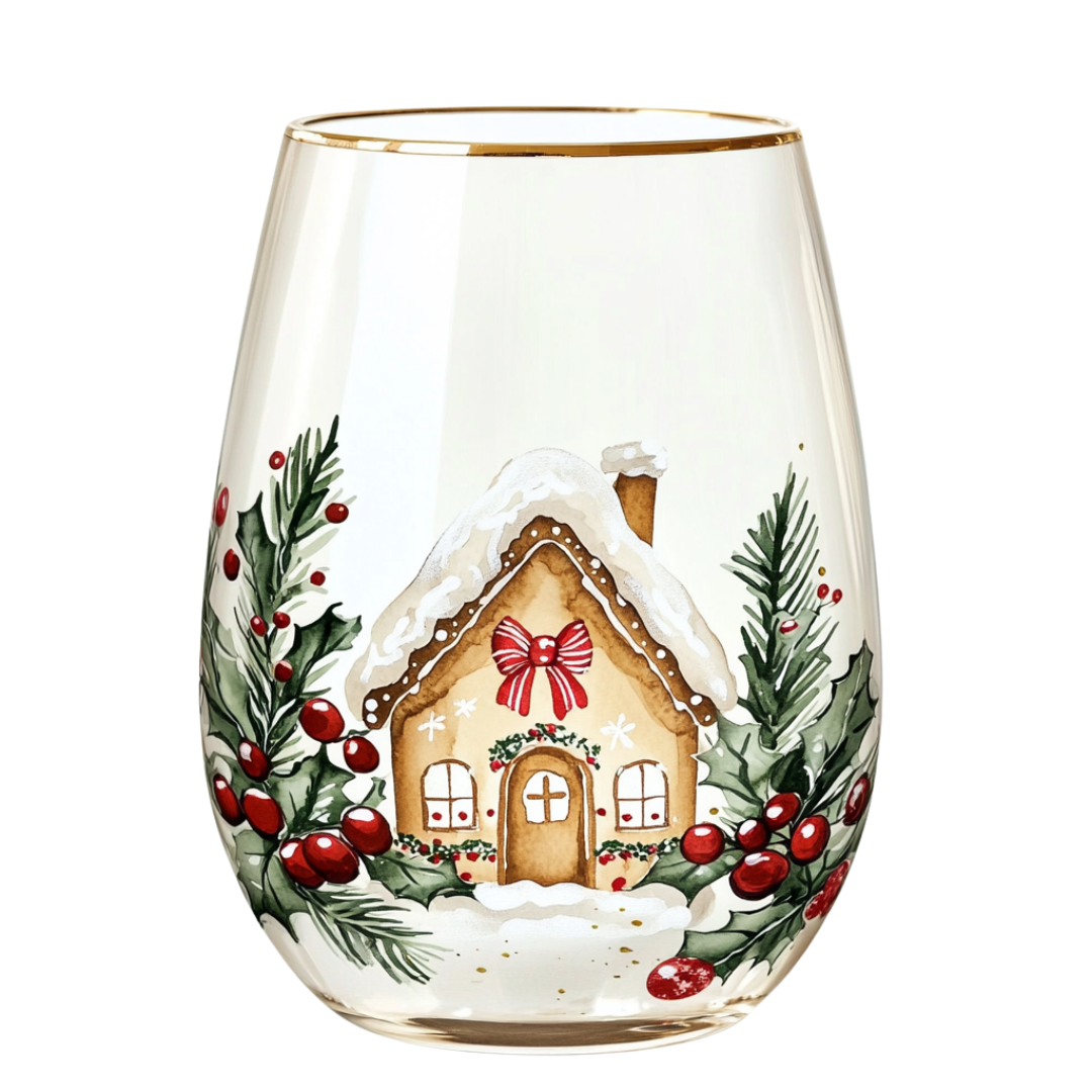 ‘Gingerbread Cottage’ Stemless Wine Glass