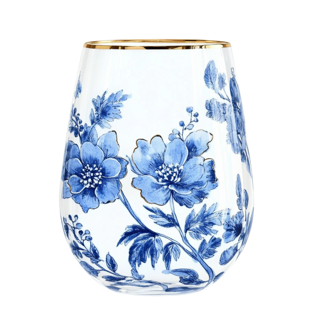 ‘Cobalt Blossoms’ Stemless Wine Glass