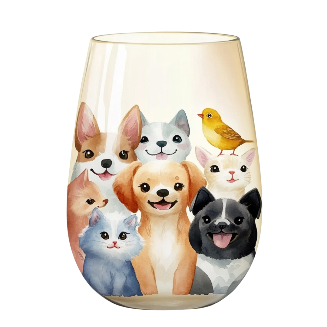 ‘Furry Friends’ Stemless Wine Glass