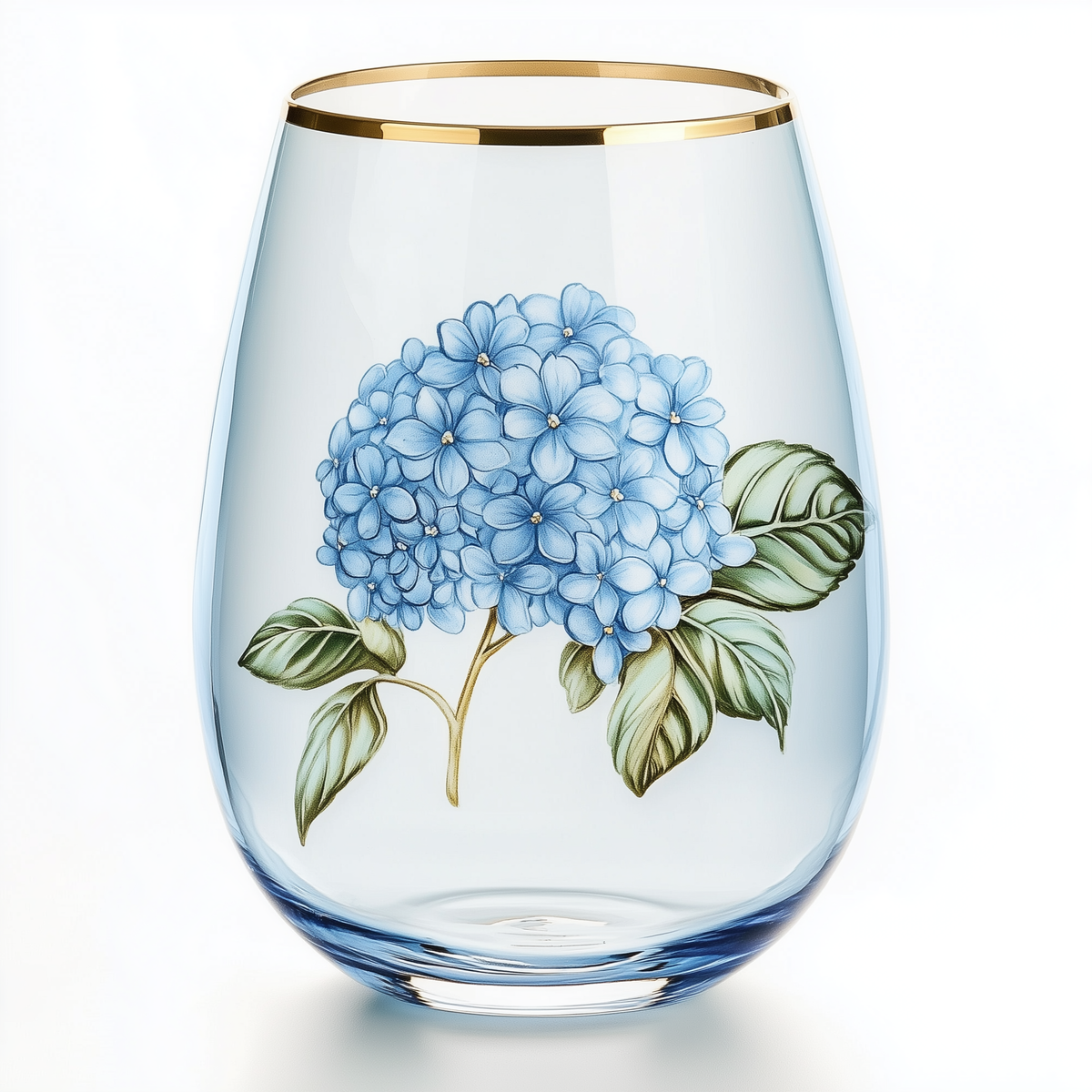 ‘Blue Hydrangea Whisper’ Stemless Wine Glass