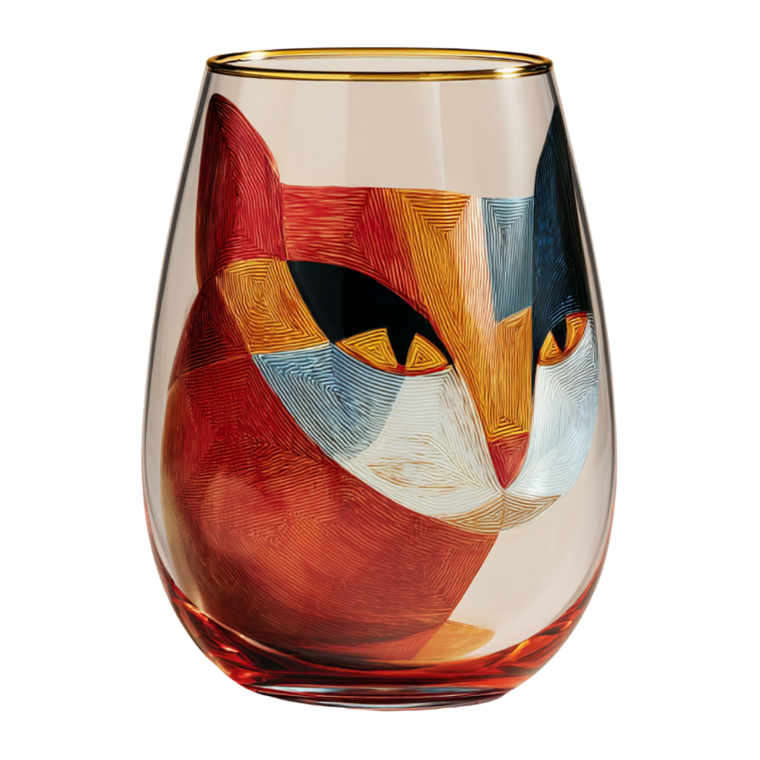 'Cubist Cat' Stemless Wine Glasses