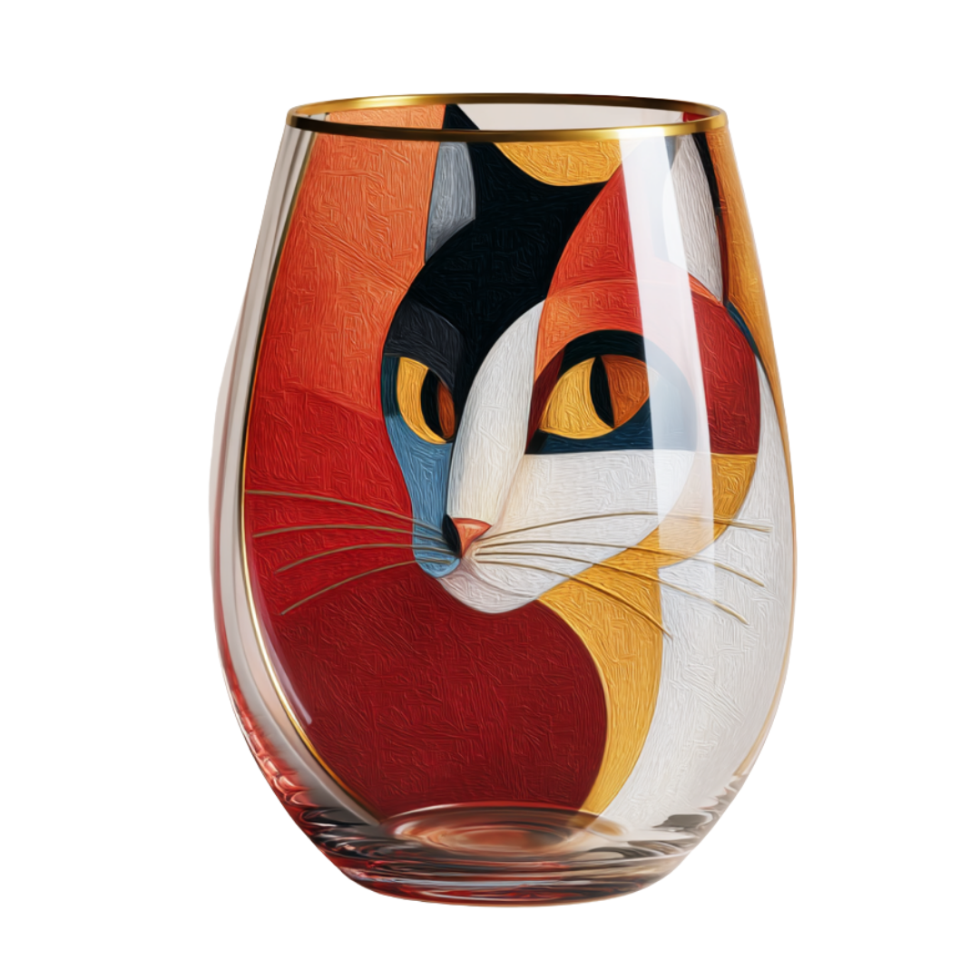 'Cubist Cat' Stemless Wine Glasses
