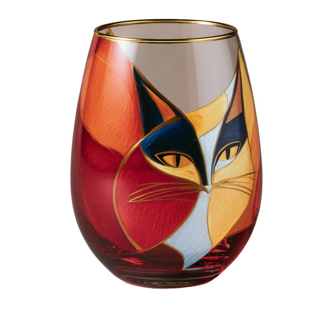 'Cubist Cat' Stemless Wine Glasses
