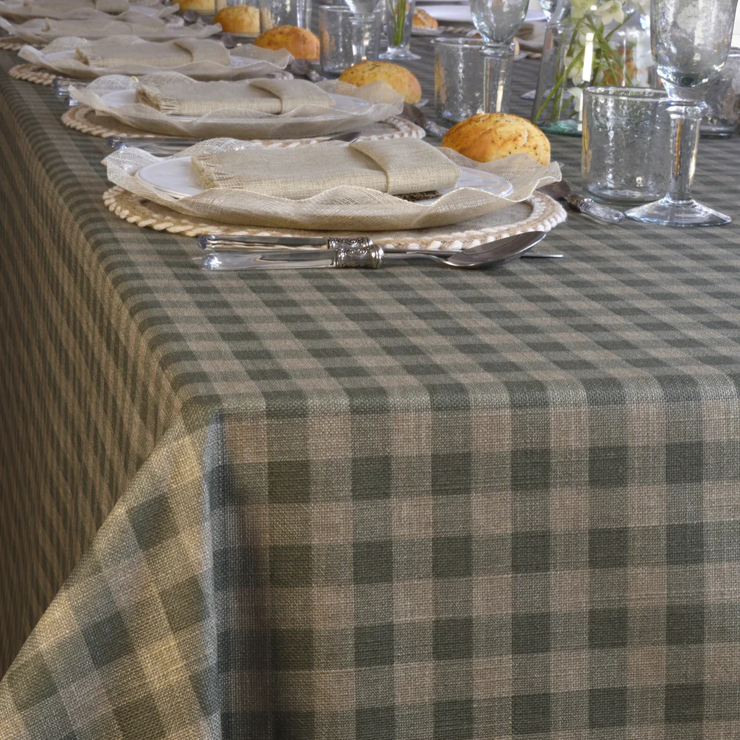 'Eucalyptus Green & Linen Gingham' Coated Tablecloth