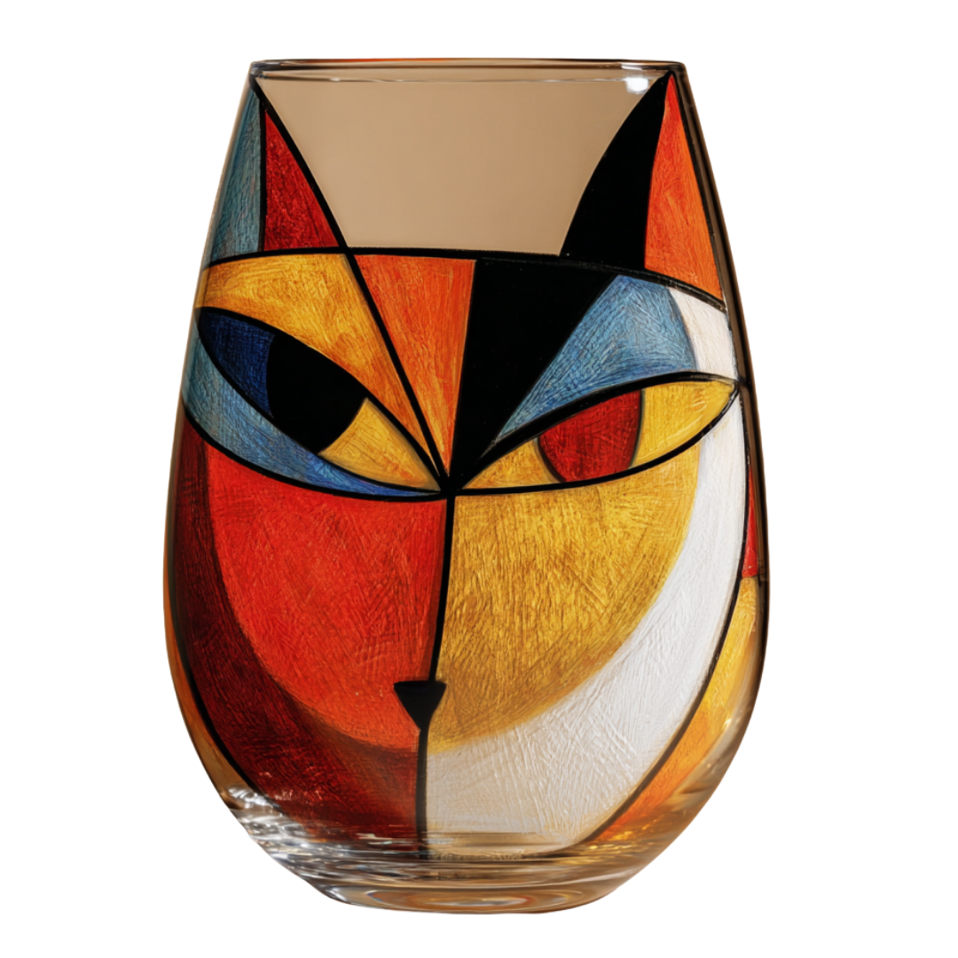'Cubist Cat' Stemless Wine Glasses