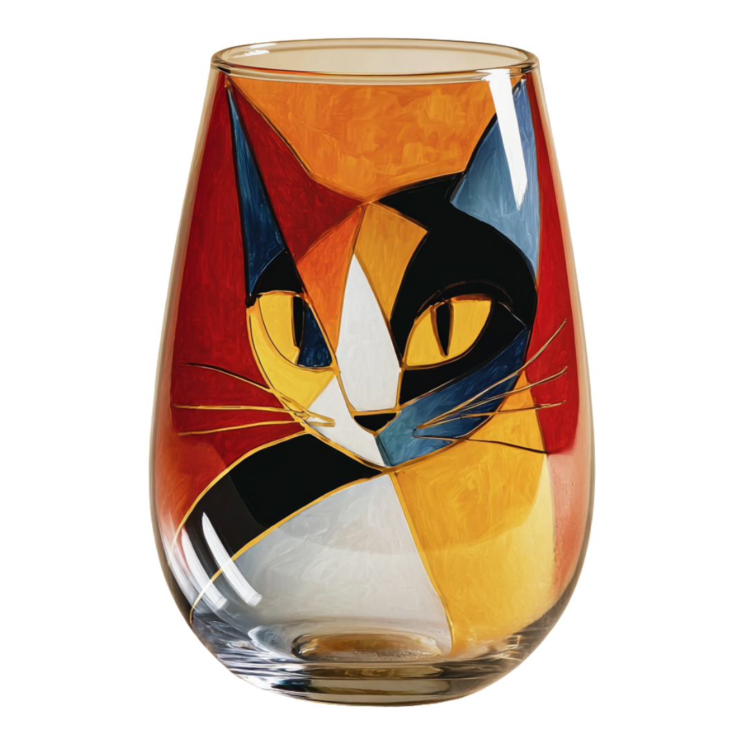'Cubist Cat' Stemless Wine Glasses