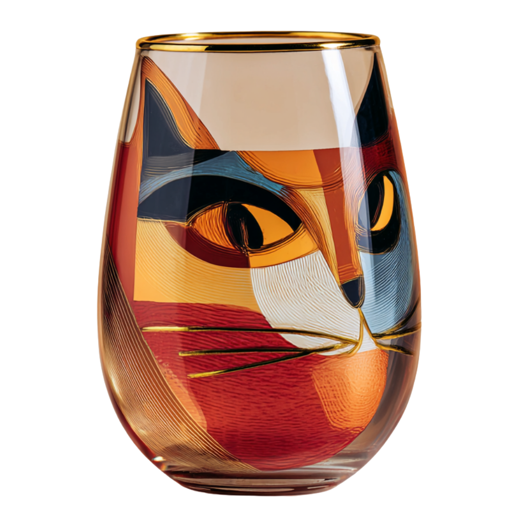 'Cubist Cat' Stemless Wine Glasses