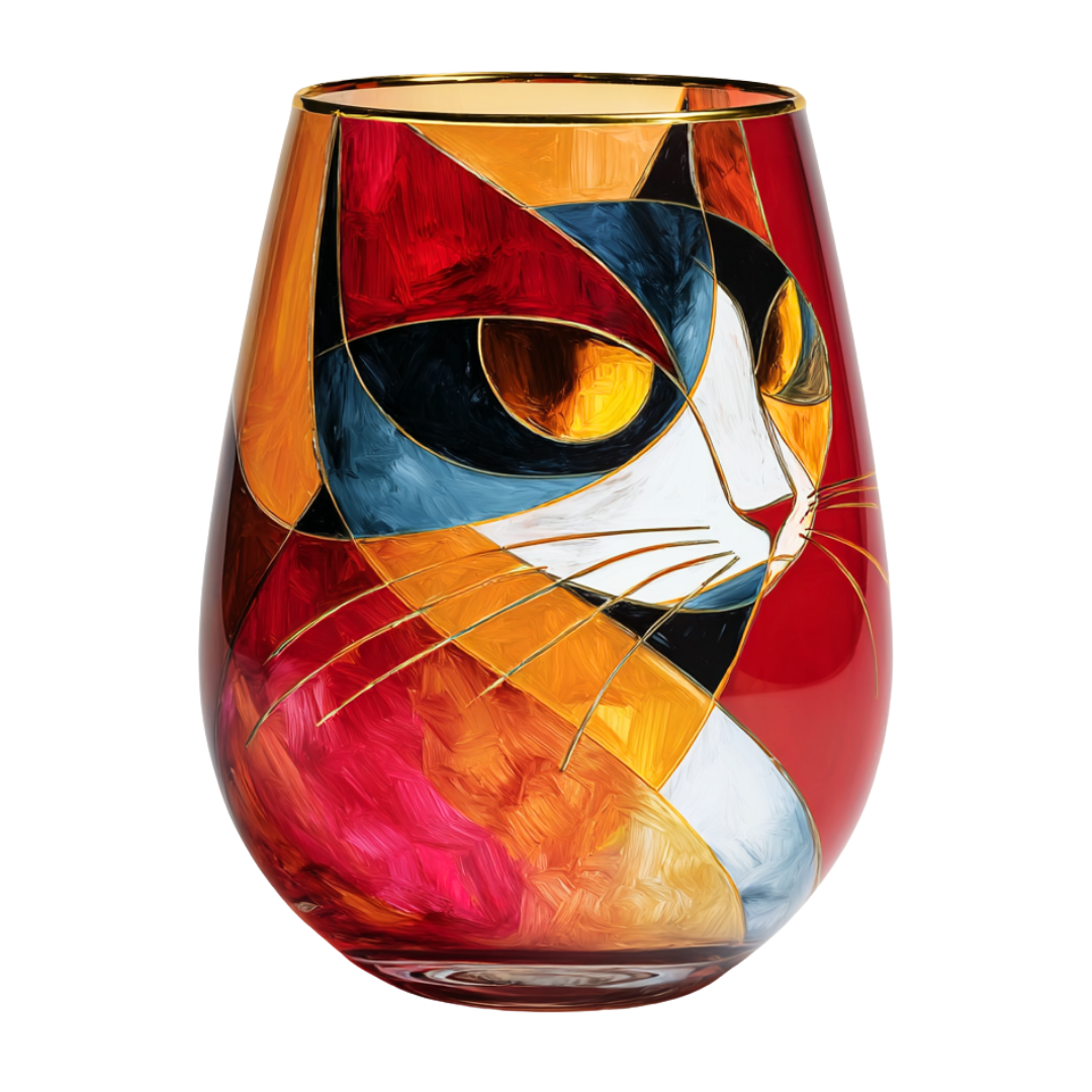 'Cubist Cat' Stemless Wine Glasses