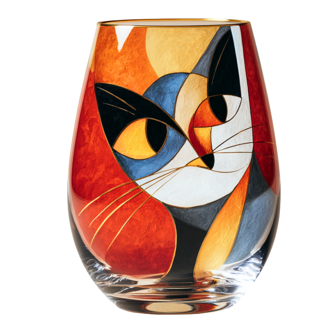 'Cubist Cat' Stemless Wine Glasses