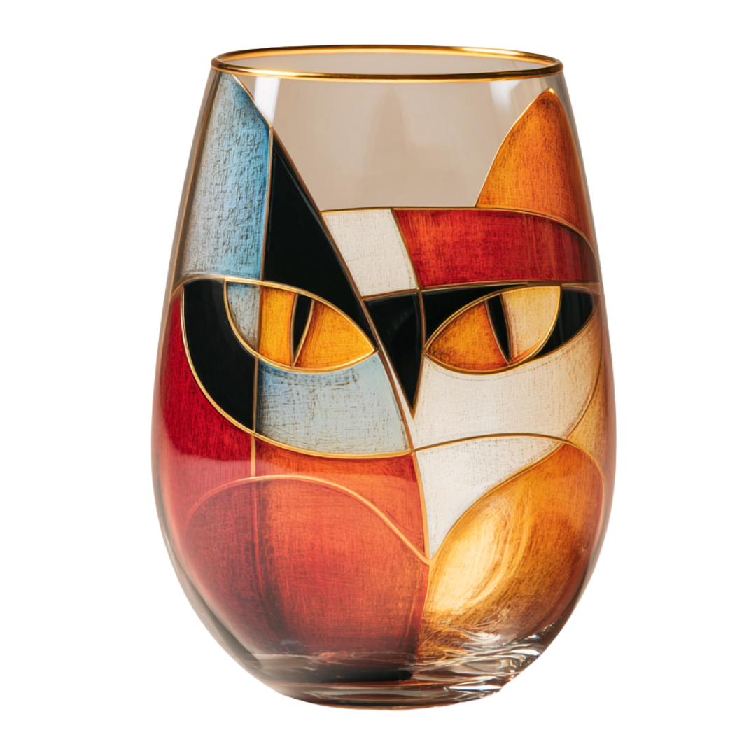 'Cubist Cat' Stemless Wine Glasses